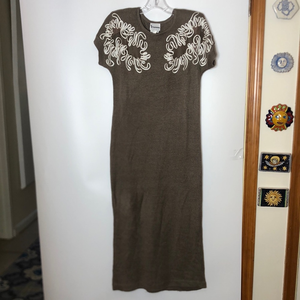 Vintage Evanna Womens Dress Knit Ribbon Detailing Maxi Tan size 10
